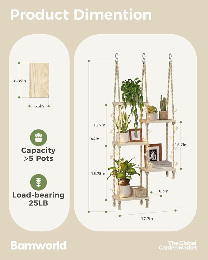Bamworld Hanging Shelves with Grow Light Plant Hanger Indoor Window Plant Shelves Wood Plant Wall Shelf Window Sill Plant Shelf Indoor Hanging Plant Stand Living Room Decor Garden Boho Decor