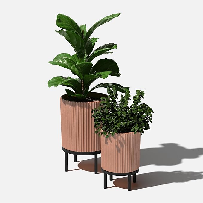 Veradek Demi Series Round Planter w/Stand for Porch/Patio | Durable Plastic-Stone Composite & Wooden Stand | Modern Décor for Tall Plants, Flowers