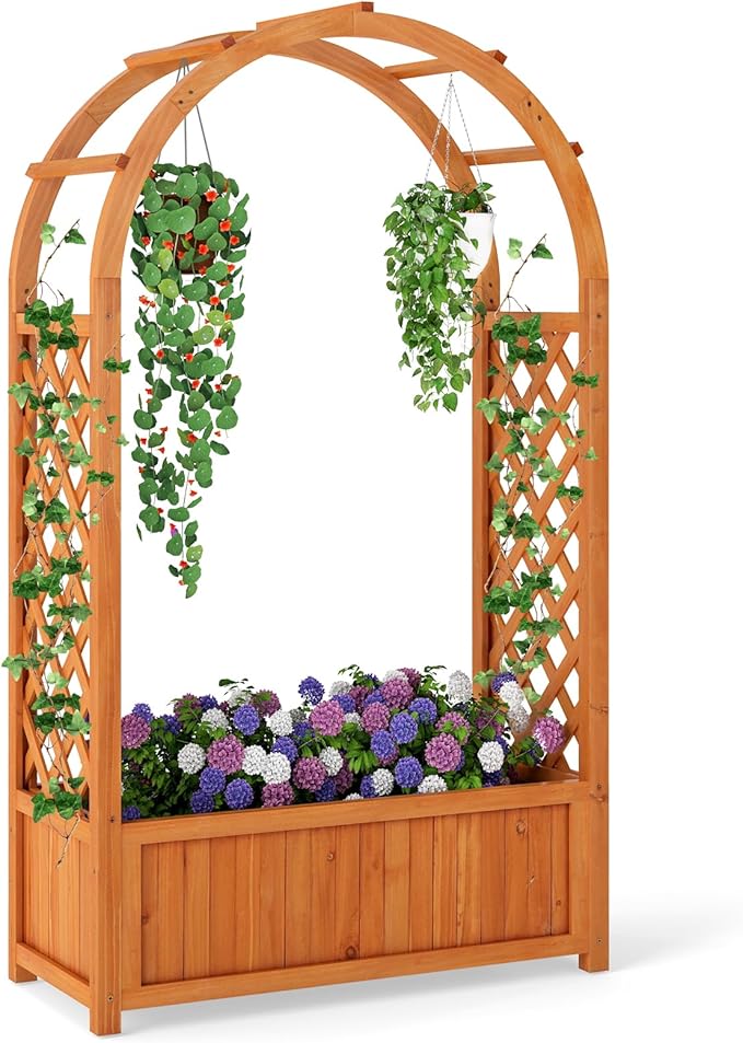 HAPPYGRILL Raised Garden Bed with Trellis, Wooden Elevated Planter Box w/Ached Roof & Detachable Bottom Panels, Liner, Drainage, Indoor Outdoor Wood Planter for Climbing Plants Vine Flower (1)