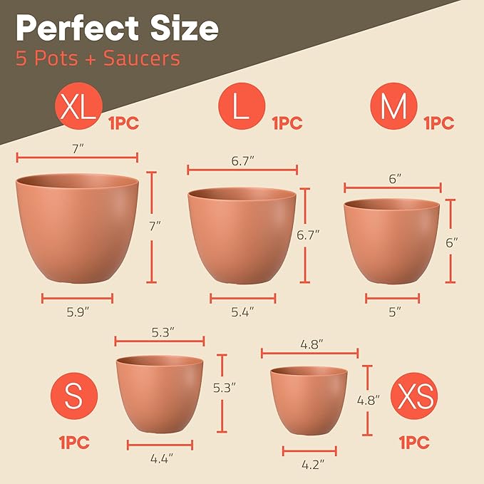 Planter Pots with Drainage Holes - Lightweight, Durable, and Space-Saving Pots for Indoor and Outdoor - Versatile Functionality, Simple Modern Design, Set of 5 Plastic Planter Pots - Terracotta
