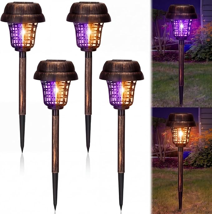 Qualirey 4 Pcs Solar Mosquito Zapper Outdoor Waterproof Solar Powered Bug Zapper Outdoor Mosquito Killer Lamp Trap Repellent Light for Garden Yard Insect (Purple and Warm Light,Bronze)