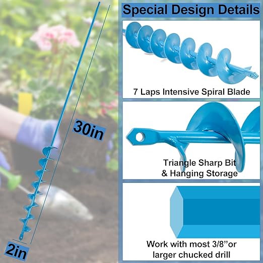 Auger Drill Bit for Planting 2x32 Inch, No Squat Spiral Post Hole Digger, Long Handle Easy Planter for Bulb & Bedding Plant, Garden Drill Auger for 3/8'' Hex Drive Drill