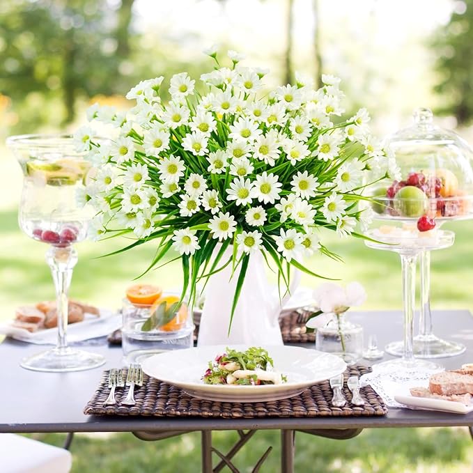 obbsie 12 Bundles Artificial Daisies Flowers Outdoor UV Resistant Fake Silk Daisy Mums Flowers No Fade Faux Greenery Plants for Home Wedding Garden Window Box Outdoor Planters Spring Decor - White