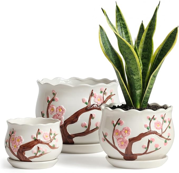 Ceramic Plant Pots with Drainage Holes and Saucers, Round Flower Pots for Indoor Plant, 4/5.2/6.6 Inches Small Flower Planters Set of 3