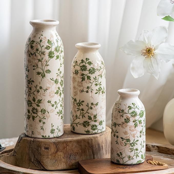 Teweiqi Vintage Vase Set of 3, Ceramic Flower Vases Chinoiserie Decor, Rustic Farmhouse Vases Retro Decorative Vases, for Home Living Room Kitchen Table Mantle Shelf Decor - Green and White