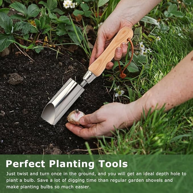 Small Bulb Planter Tool, Bulb Planter for Breaking Through Soil, Stainless Steel Bulbs Planters Tool, Small Bulbs Digger with Comfortable Wood Handle/Sharp Edge(Color:Silver)