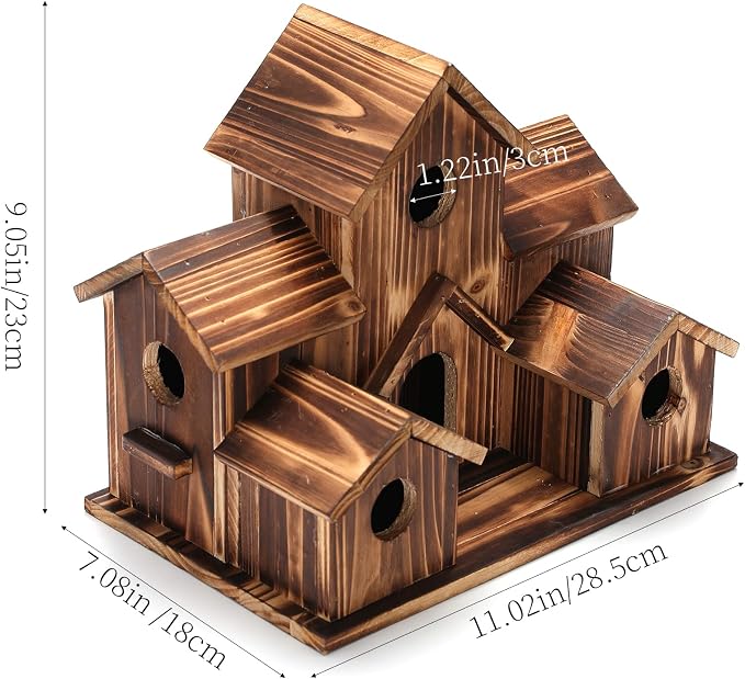 Bird Houses for Outside Hanging,6 Hole Wooden Bird Houses Largel Bird House for Backyard/Courtyard/Patio Decor Hummingbird House
