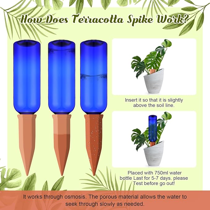 SiliFine 6 Sets Plant Watering Devices Include Terracotta Self Watering Spikes and 26 oz Plastic Bottles, Slow Release Vacation Insert Automatic Plant Waterer Device (Dark Blue and Terracotta)