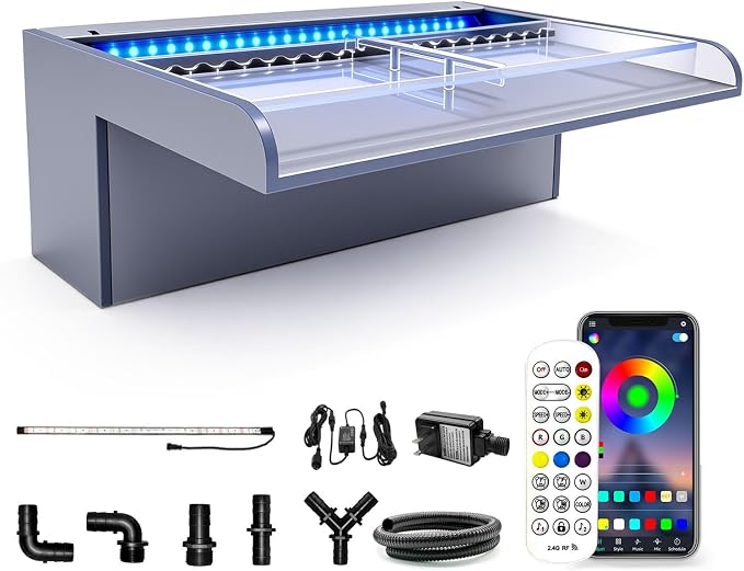 LONGRUN with lid Waterfall Spillway APP Control Multi-Color LED Light Outdoor Pool Fountain, Acrylic Water Spillway Koi Pond Waterfalls Fountains Kit for Garden Patio Swimming Pool Decoration-11.8"