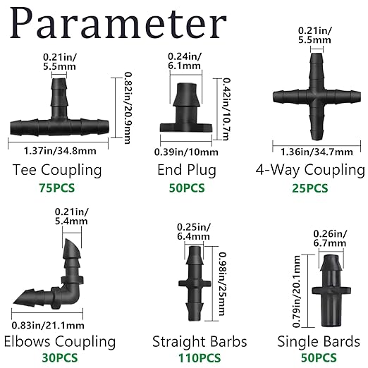 340PCS 1/4" Drip Irrigation Kit Barbed Connectors, Straight Barb, Tee, Single Barb, End Plug, Elbow, 4 Way Coupling Irrigation Fittings for Garden Lawn Flower Pot