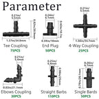 340PCS 1/4" Drip Irrigation Kit Barbed Connectors, Straight Barb, Tee, Single Barb, End Plug, Elbow, 4 Way Coupling Irrigation Fittings for Garden Lawn Flower Pot