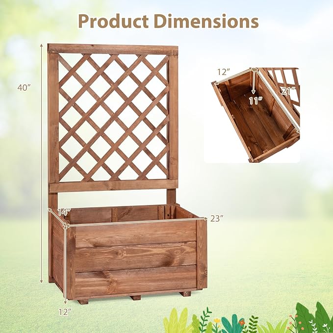 Giantex Raised Garden Bed with Trellis, 23”x14”x40” Wood Elevated Planter Box w/Drainage Hole for Climbing Vine Flower Herb Vegetable Fruit, Planting Container for Indoor Outdoor Patio Balcony