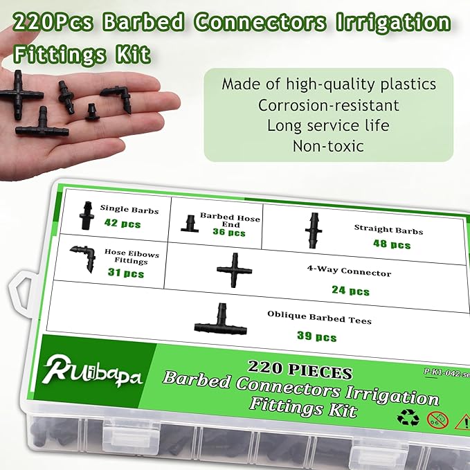 220Pcs Barbed Connectors Irrigation Fittings Kit,Irrigation Connector for 1/4" Tubing Garden Lawn Irrigation,End Plug,Barbs,Straight Barbs,Single Barbs,4-Way Coupling,Tees