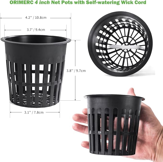 ORIMERC 40 Pack Net Pots 4 inch Net Cups Pots for Hydroponics Supplies with 60 feet Self Watering Wick for Aquaponics Buckets Insert Orchid kratky Vegetable Gardening Grow Netted Baskets Slotted Mesh