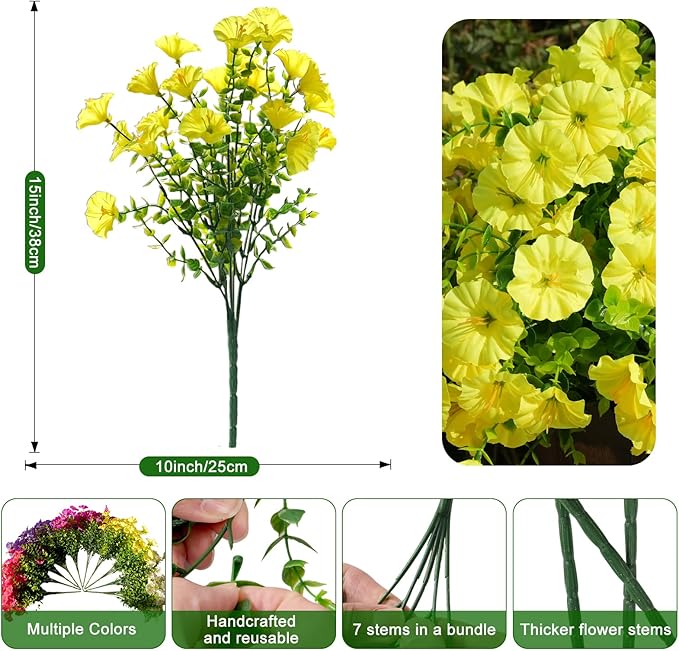 Fanfantoey Artificial Flowers for Outdoor, UV Resistant Fake Plants Outside Decoration, 14 Pcs Realistic Silk Morning Glory Faux Flowers for Porch Patio Gardens Home Decor(Yellow)