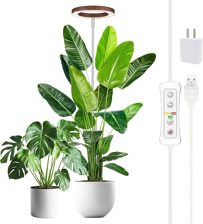 yadoker Plant Grow Light, LED Growing Light Full Spectrum for Indoor Plants,Aluminum Walnut Wood Grain Plant Lights,Height Adjustable, Automatic Timer, 5V Low Safe Voltage,Idea for Large
