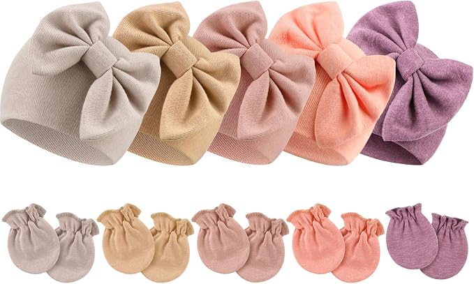 BQUBO Newborn Baby Girls Hats Mittens Set Hospital Hat Beanie Infant Bow Hats Baby Cotton Gloves for 0-6 Months