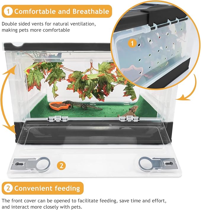 RunDuck Foldable Reptile Terrariums Kits with Plant, Feeding Bowl, Carpet, Easy to Carry, Easy to Move with Wheels, Heat-Resistant Material, Suitable for Lizard Tortoise Leopard Gecko (Black)