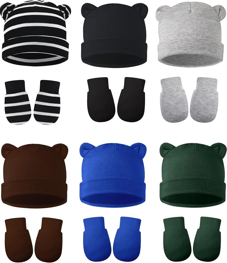Geyoga 12 Pieces Newborn Hat Mittens Gloves Set Baby Boys Girls Cotton Baby Beanie for 0-12 Months
