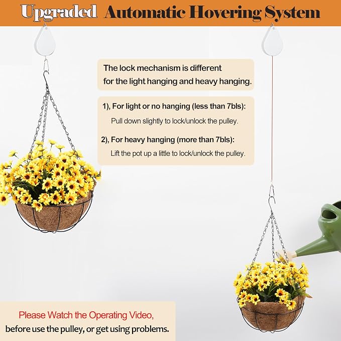 WROSWT Upgraded Retractable Plant Hanger,Plant Pulleys for Hanging Plants,Easy to Raise and Lower,Auto Lock,Heavy Duty,Adjustable Hook for Garden Baskets Pots,Birds Feeder,(3Pcs,White)