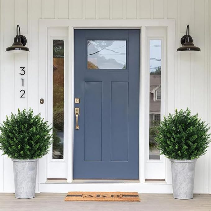 Artificial Cedar Topiary Ball Tree with Ground Spike, Set of 2 UV Resistant Artificial Bushes for Outdoors Faux Shrubs, Weatherproof Fake Round Cypress Ball Bushes Plant for Front Porch
