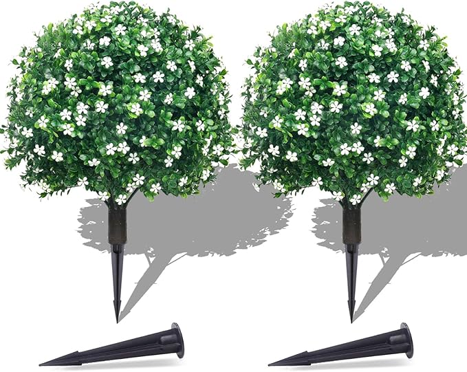 PATIO CHOICE Topiary Trees Artificial Outdoor Boxwood Ball Trees with Ground Spike Set of 2 22" Fake Outdoor Plants Faux Bushes and Shrubs Decorations for Outdoor Indoor Front Porch Garden
