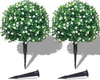 PATIO CHOICE Topiary Trees Artificial Outdoor Boxwood Ball Trees with Ground Spike Set of 2 22" Fake Outdoor Plants Faux Bushes and Shrubs Decorations for Outdoor Indoor Front Porch Garden