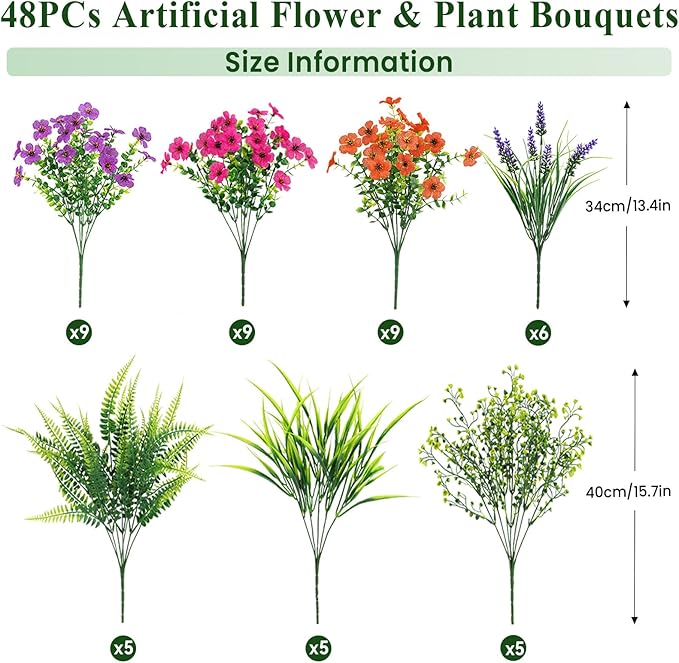 Alupssuc 48 Bundles Artificial Flowers for Outdoors Spring Summer Decoration, UV Resistant Eucalyptus Violet and Lavender Silk Fake Plants for Outside Indoor Yard Home Patio Decor, Orange Rose Purple
