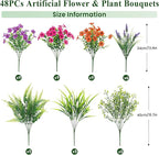 Alupssuc 48 Bundles Artificial Flowers for Outdoors Spring Summer Decoration, UV Resistant Eucalyptus Violet and Lavender Silk Fake Plants for Outside Indoor Yard Home Patio Decor, Orange Rose Purple