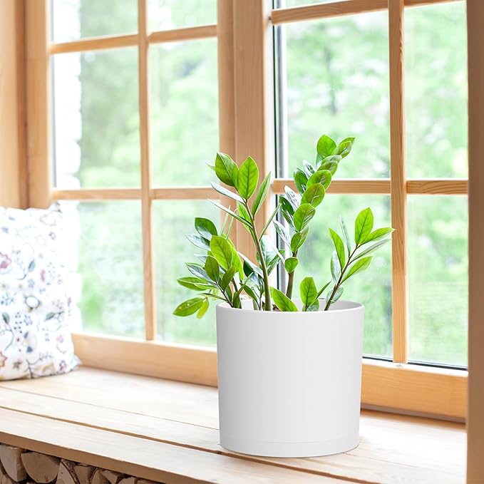 WSMKSZ 8 Inch Cylinder Plant Pots for Indoor Outdoor Plants, Medium Deep Flower Pots with Drainage Holes & Saucer, Decorative Plastic Planter Pots for Garden House Plants, White