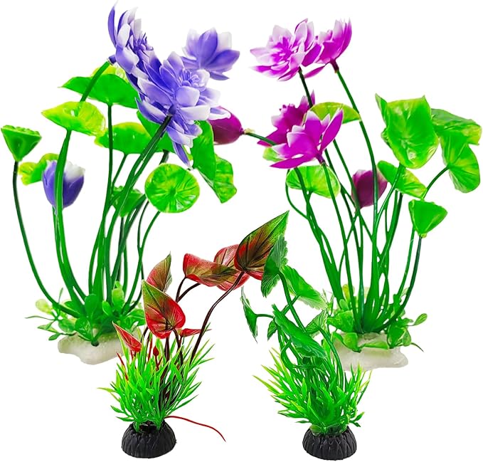 Hamiledyi 2 Pcs Artificial Lotus Flowers with Small Artificial Seaweed Plants Fish Tank Plastic Plants Decorations Purple and White-Purple Blossoms Artificial Water Plants Perfect for Aquarium Decor