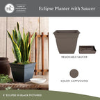 The HC Companies 10 Inch Eclipse Square Planter Pots with Drainage Holes & Attached Saucer, Lightweight UV-Resistant Plastic Indoor Outdoor Planters, 2-Pack Flower Pots, Garden Home Decor, Cappuccino