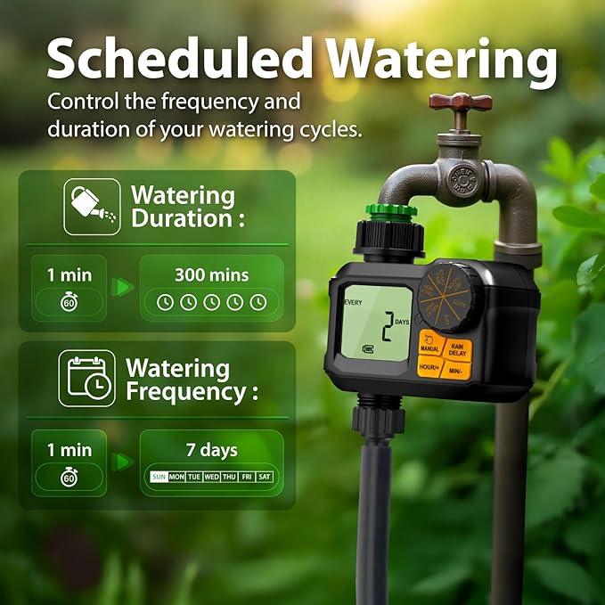 Garnen Sprinkler Timer, Garden Water Hose Faucet Timer, 1 min-7 Days Programmable with Rain Delay/Manual/Automatic Watering Controller System, Digital Drip Irrigation for Yard, Lawn, 1 Outlet