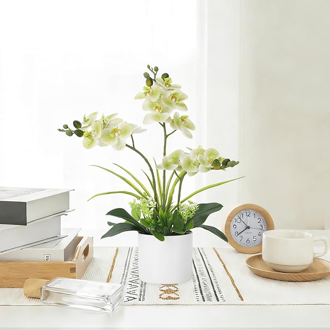 Garvee Real Touch Silk Phalaenopsis Orchid Artificial Flowers - 3 Stems Faux Orchid Bough with Vase, Lifelike Large Fake Flowers in Pot for Home Decor Living Room Bedroom Office Tabletop
