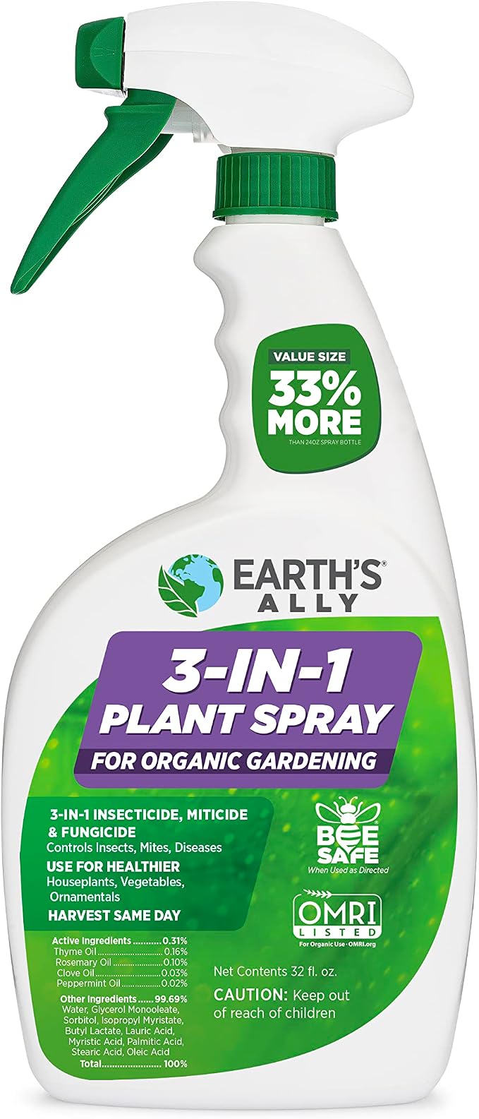 Earth's Ally 3-in-1 Insecticide, Miticide, Fungicide for Plants - Copper Fungicide Spray Alternative - Insect Repellent & Pest Control for Indoor Outdoor Organic Gardening - 32 Oz RTU