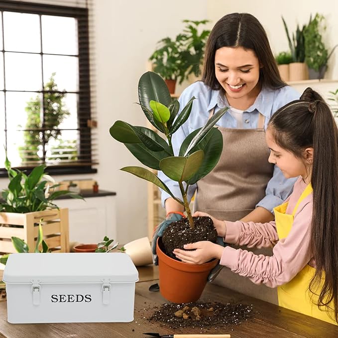 Seed Saving Box, Metal Seed Bin, Seed Storage Organizer, Seed Packet Container with Lid, Seed Envelope Storage Box, 4 Compartments Garden Seed Bin with Safety Locks-White