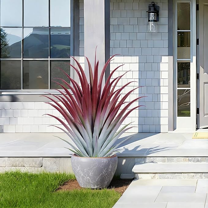 2ft Fake Spiked Agave Plant - Red Artificial Aloe Vera Plant 26 Inch - Tall Large Faux Floor Plants Perfect for Porch Door Step Home Office Patio Indoor Outdoor Decor (2 Pack)