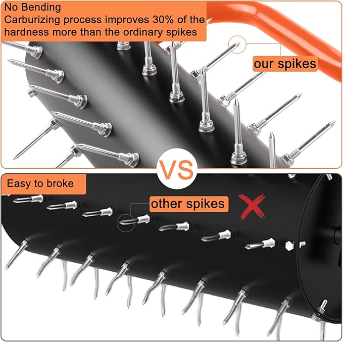 21" Rolling Lawn Aerator, 45 Preassembled Spikes, Only Needs 3-5 Minutes to Assemble, No Looseness, Good Package, 75" Long Handle with Quick Clip Connections, U-Shape Construction - Orange.