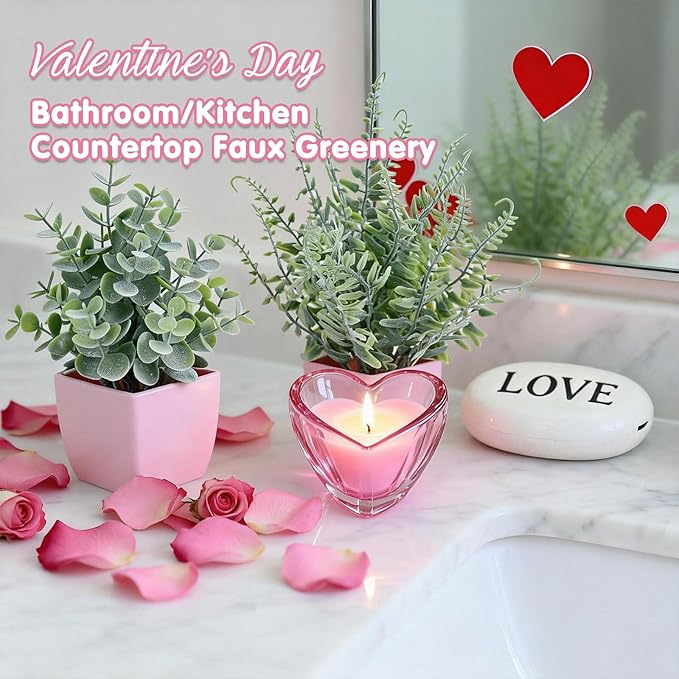 summer flower 2 Pack Small Fake Plants in Pink Pot Artificial Plant Eucalyptus Faux Potted Greenery Wheal Grass for Home Decor Indoor Bathroom Office Desk Shelf Bedroom Kitchen Cabinet Decorations