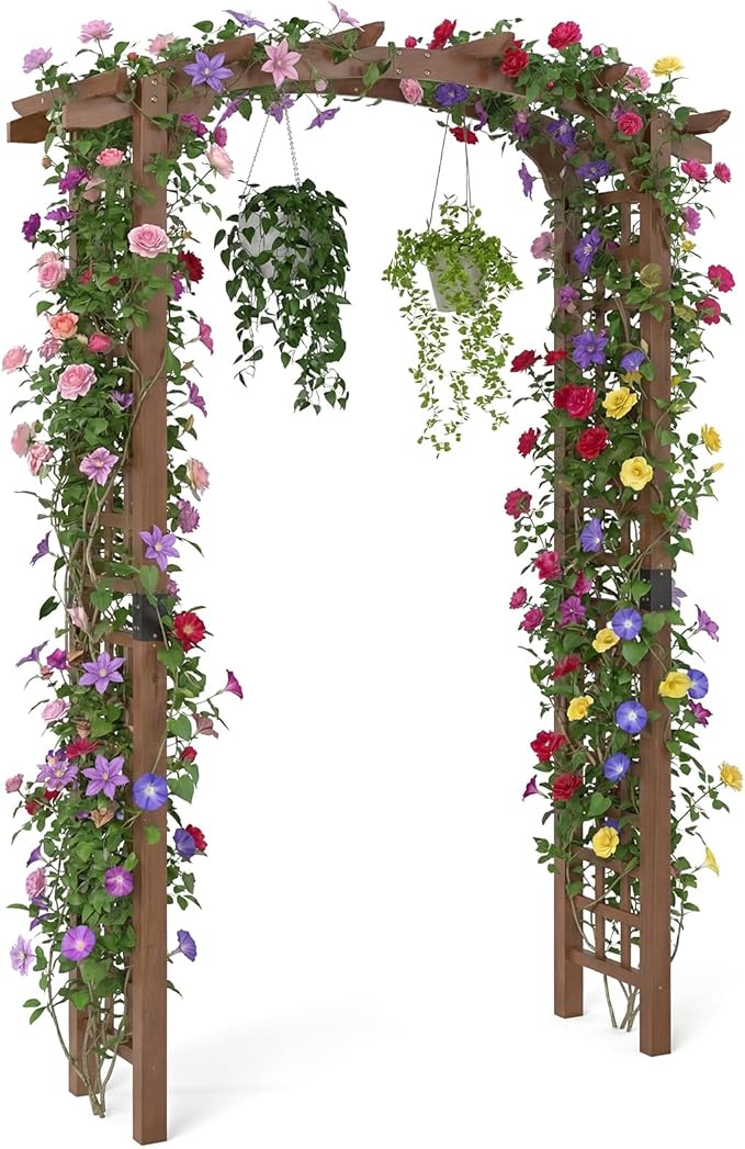 Giantex 7.5FT Wood Garden Arbor Trellis, Wooden Wedding Arch for Ceremony Party, Outdoor Archway Pergola for Climbing Plants, Pathway, Yard, Garden Decor, Easy Assembly (Dark Brown, 63''W x 90''H)