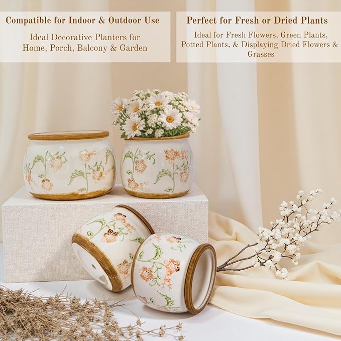 Vintage Ceramic Flower Pots - Indoor Outdoor Planters with Drainage Holes & Filter Screen, 6.5’’& 9’’ Rustic Farmhouse Decorative Plant Pots for Garden/Patio