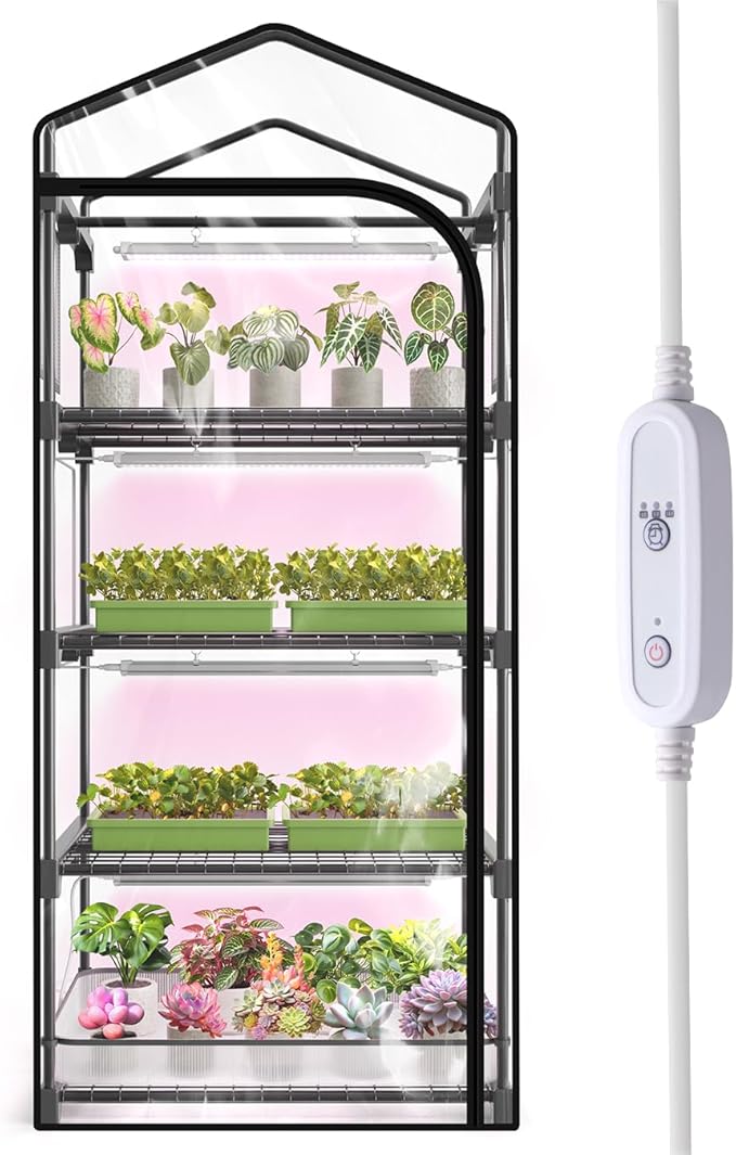 Mini Indoor Greenhouse with Grow Light, 4-Tier Plant Stand with Zippered Cover, Ventilation Window, Bottom Pouch, 20W Full Spectrum Plant Light with Timer for Seedling, 27"L x 19"W x 63"H