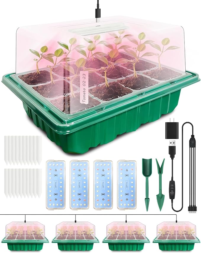 Seed Starter Tray with Grow Light (4x 24-LED), 4 Pack 48-Cell Seed Starter Kit with Humidity Domes and Timing Controller, Adjustable Brightness, Reusable Thicken Seedling Starter Tray Germination Kit