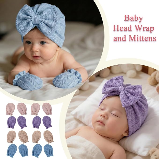 Newborn Baby Girl Hats Mittens Set Cotton Hospital Bow Hat Beanies Caps Gloves for New Born Girls 0-6 Months