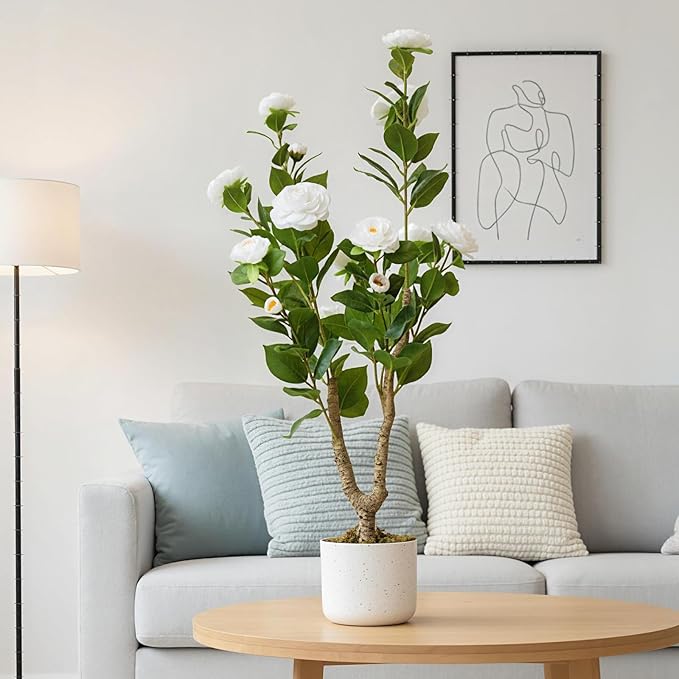 3FT Artificial Camellia Tree in Pot, Faux White Flowers with 16 Bloomings, 36" Artificial Plants Indoor Trees for Home and Office Decor