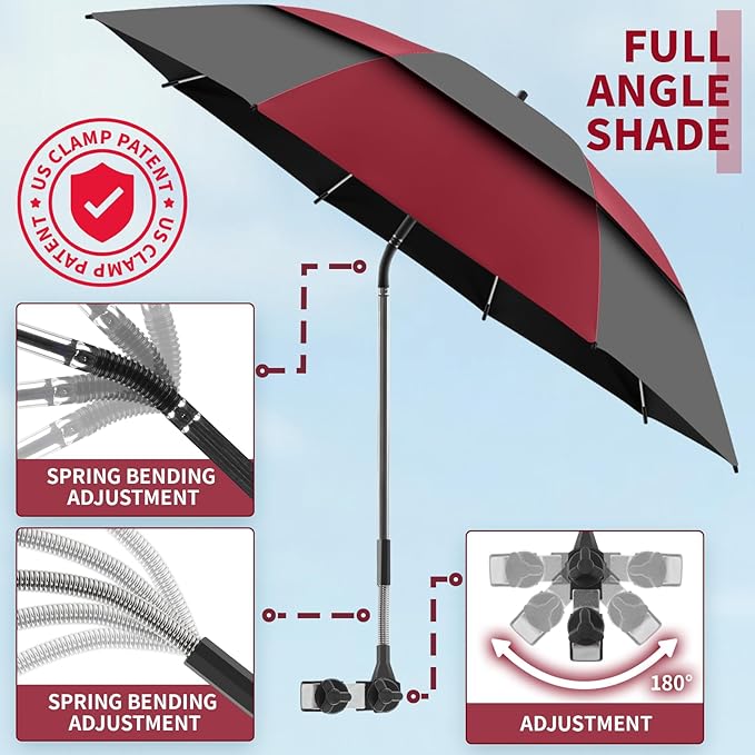 2 Pack 48.6" Double Canopy Beach Umbrella with Clamp, UPF50+ Beach Chair Umbrella with clip, 360°Adjustable Portable Outdoor(Wine Red/Grey, Not Include Chair)