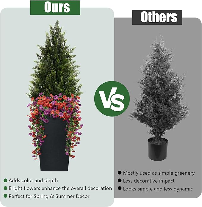 Artificial Topiary Cedar Trees 3FT Tall 2 Set with 12 Bundles Faux Silk Flowers, Outdoor Indoor Faux Pine Shrubs Plants, Fake Bushes Plants for Home Front Porch Door Patio