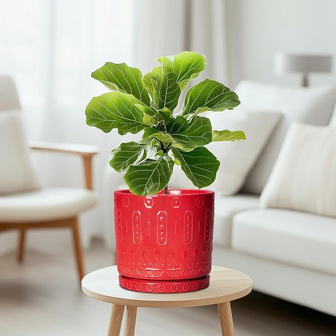 Ceramic Plant Pots, 8 Inch Plant Pots Indoor Outdoor, Round Flower Pot with Drainage Hole and Sacuer, Boho Pot for Plants, Decorative Planter, Home Room Bathroom Decor, Garden Gifts, Red