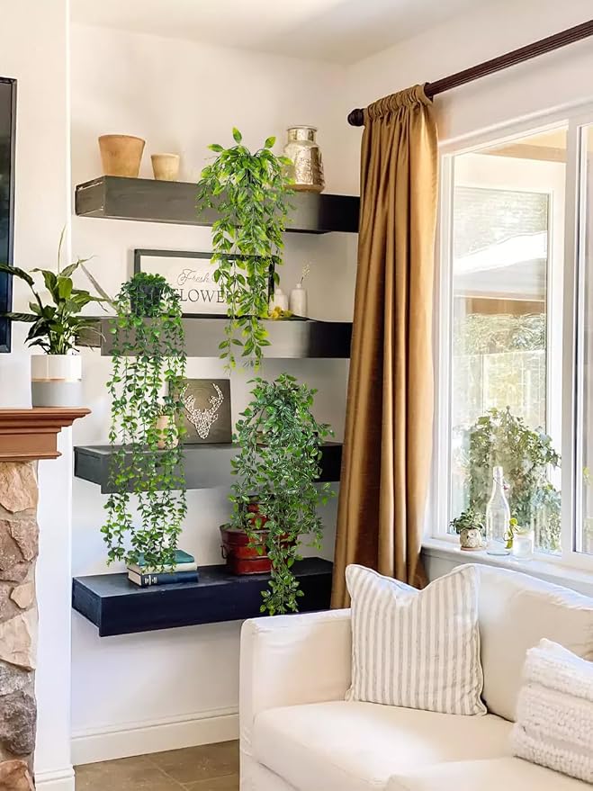 RECUTMS Fake Hanging Plants with Pots 3 Pack Artificial Ivy Vine Fake Potted Eucalyptus Plants Mandala Ivy Vine Leaves Pea Pod Summer Home Room Shelf Wall Indoor Outdoor Wedding Graduation Decor
