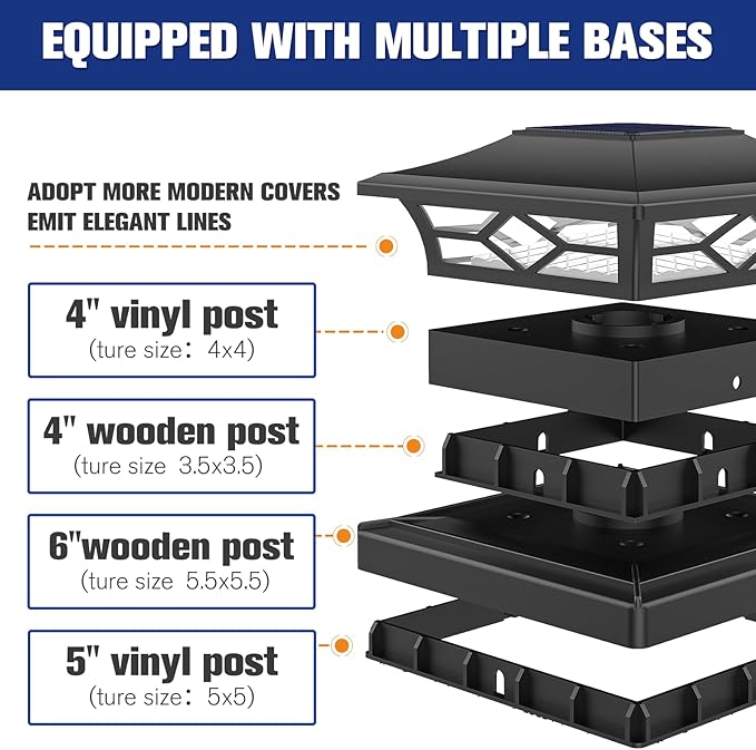 VOLISUN Solar Post Cap Lights: 8 - Pack Outdoor Deck Post Cap Lights Black for Dock Fence Waterproof 2 Color Modes,4x4/6x6 Wooden/Vinyl Posts
